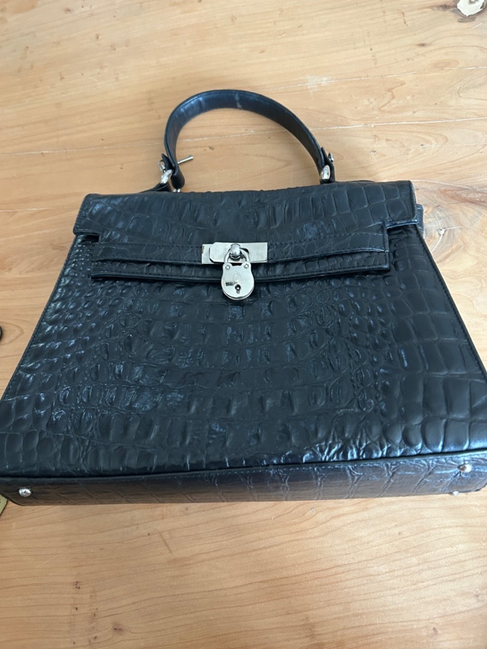 Structured Black Croc-Embossed Top-Handle Bag